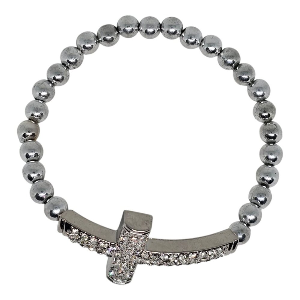 Rhinestone Cross Beaded Stretch Bracelet In Silver Tone - Picture 3 of 7